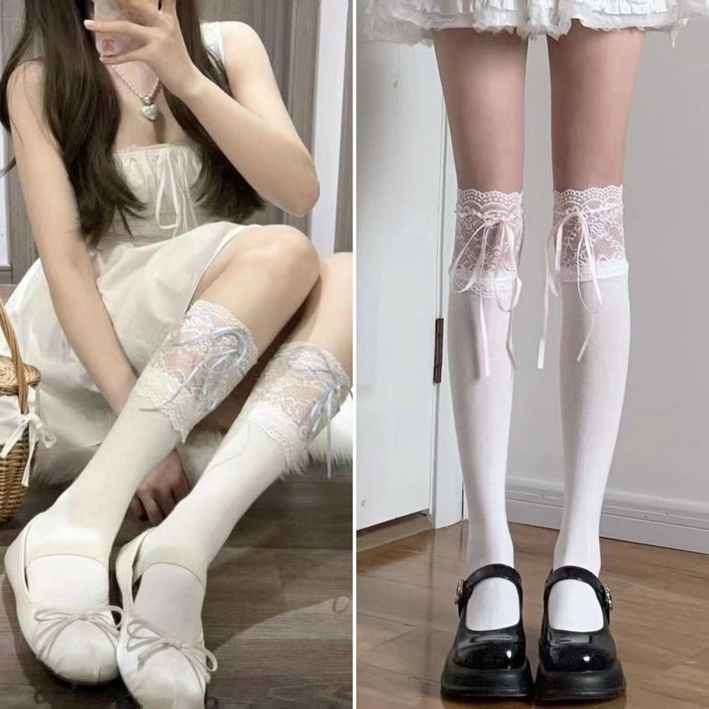 Lolita Lace Knee Socks White Women'S Ribbon Bow Medium Stockings Jk Autumn Thin Calf Socks