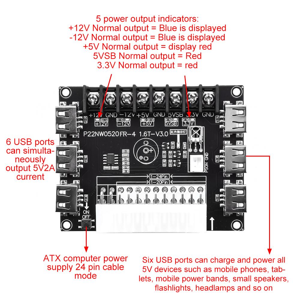 24 Pins ATX Power Supply Breakout Board and Acrylic Case Kit Module Adapter Power Connector Support 3.3V/5V/12V 1.8V-10.8V(ADJ)