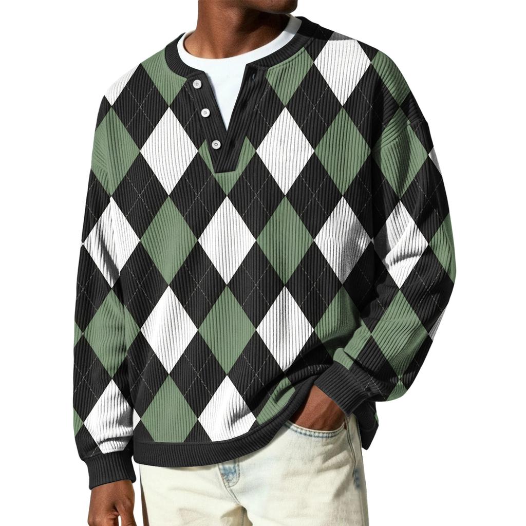 Męski sweter z dzianiny prążkowanej z długim rękawem, z kołnierzykiem zapinanym na guziki