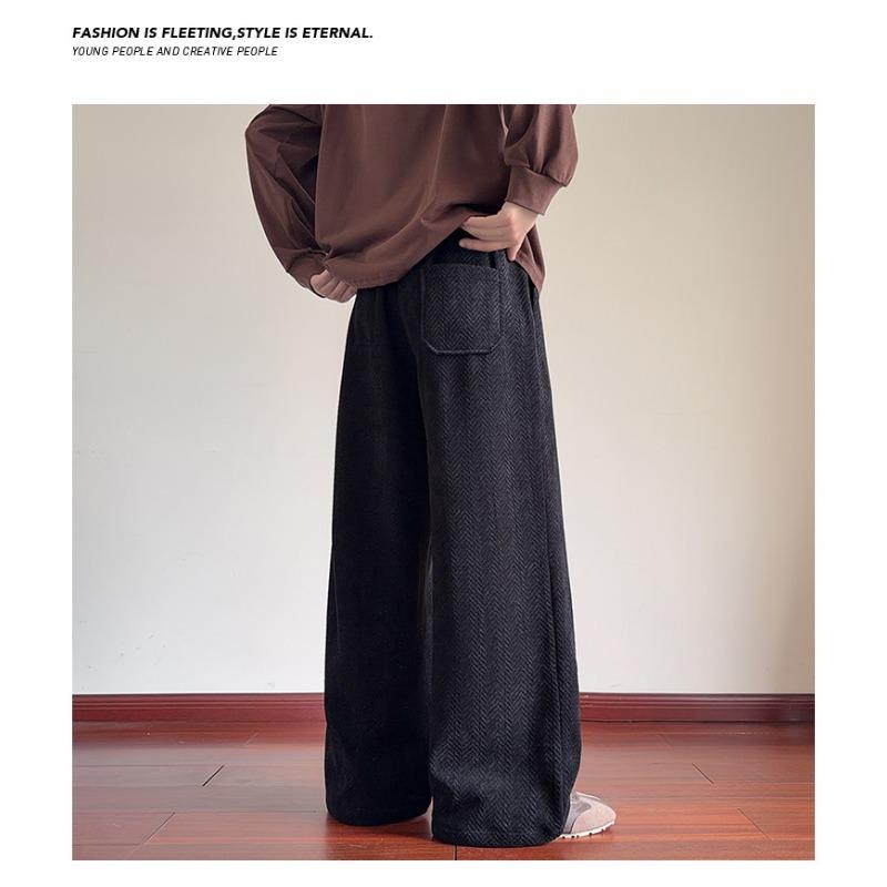 Men Herringbone Jacquard Loose Straight Leg Casual Long Pants