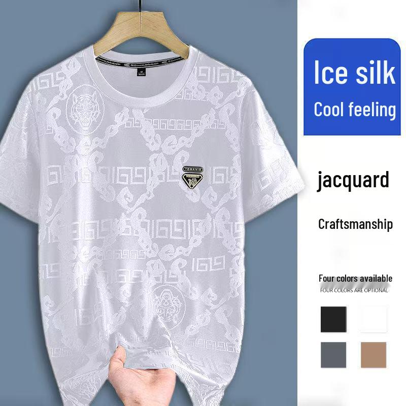 

Мужская летняя футболка с коротким рукавом из ледяного шелка – Модный жаккард, Быстросохнущая, Прохладный топ больших размеров 4XL