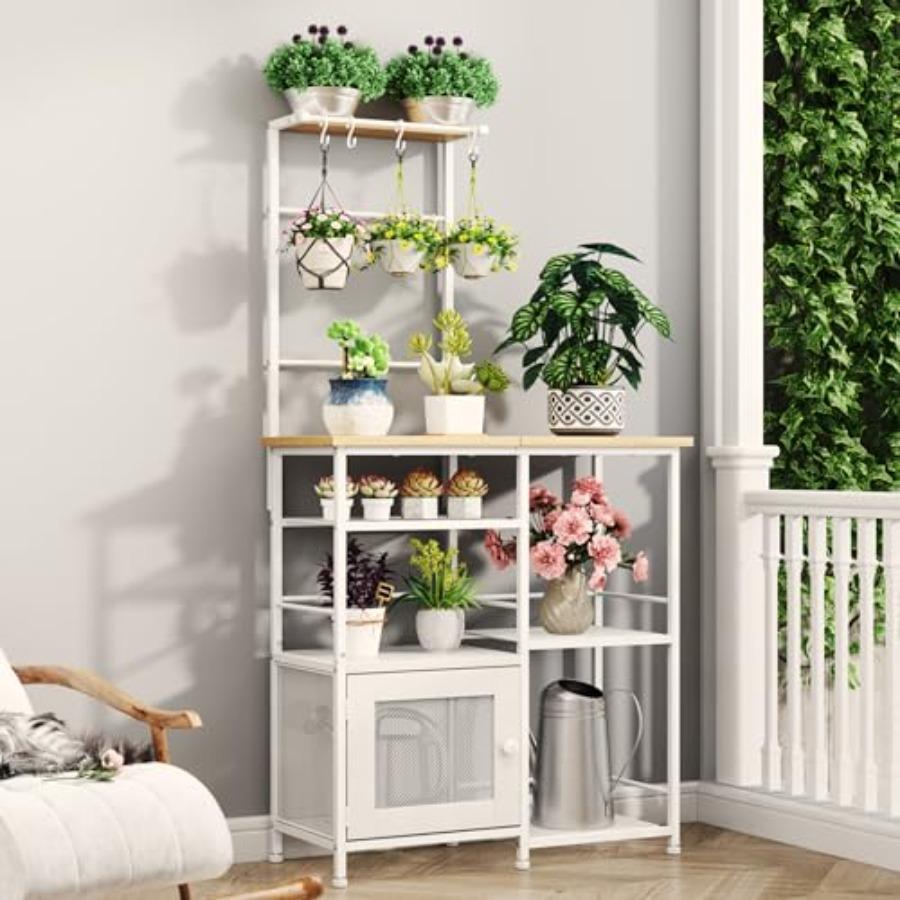 Bakers Rack with Storage Coffee Bar Cabinet Organizer with 8 Hooks Shelves Cabinet Door Coffee Station for Kitchen Dining Room
