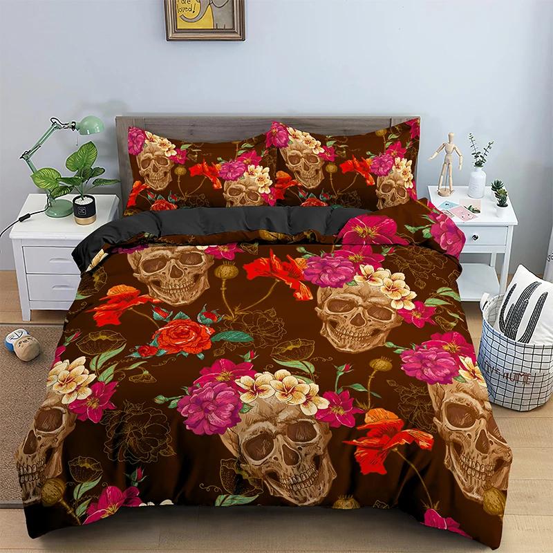 Sugar Skull King Queen Duvet Cover Vintage Skeleton Girl Gothic Day of The Dead Bedding Set Halloween Rose Polyester Quilt Cover