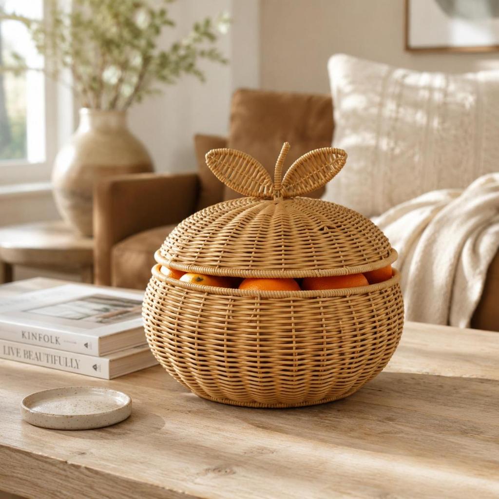 Orange Basket with Lid Woven Fruit Container Easy to Clean for Coffee Table