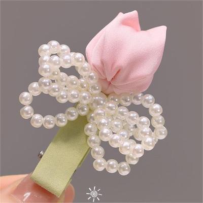 4PCS Accessoires Cheveux Coréens Doux Rose Fleur Tulipe Pince Nœud Perle Tissu Haut de Gamme Élégant Décontracté Coiffure Fille 2025 Nouveau