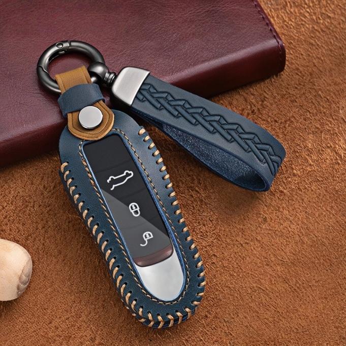 

Handmade Genuine Leather Car Fob Key Case Holder Cover Smart Remote Protector Shell For Porsche Cayenne Panamera Macan 911 718 A style синій