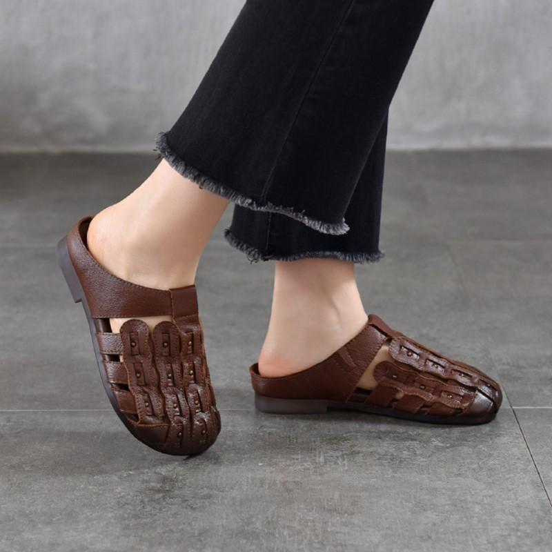 Johnature Genuine Leather Round Toe Flat Slippers Hollow Out Soft Soled Outdoor Slides Women's Slip-on Sheos