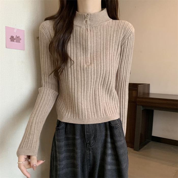 

White knitted sweater semi-turtleneck women s autumn and winter new small sweater slim-fitting unique semi-zipper short one size fits all