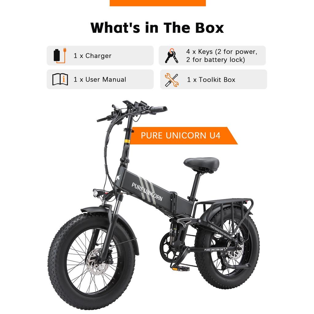 PURE UNICORN U4 City Electric Bike 48V 1000W Motor 48V 15Ah Battery 48km/h Max Speed 30-60km Max Range 20 x 4.0" Fat Tires