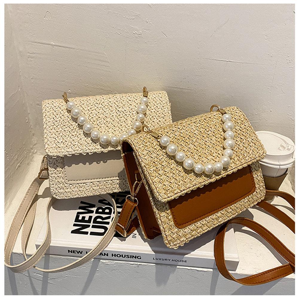 New Spring Summer Pearl Bracelet Crossbody Bag Simple Straw Woven Women Underarm Bag Fashi Square Handheld Bag For Ladies