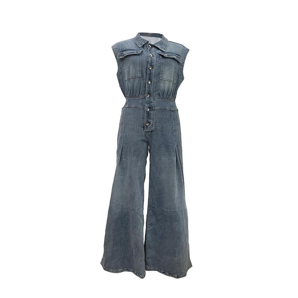 Women's Casual Washed Sleeveless Denim Jumpsuit with Wide-Leg Pants - TS1300 Cross-border Source