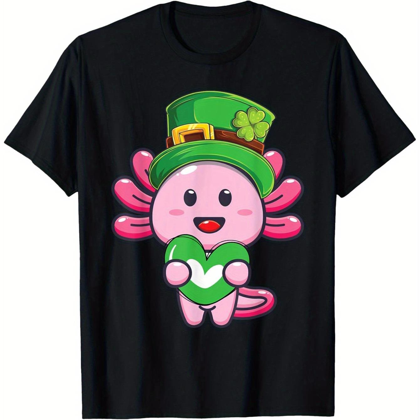 St Patrick s Day Axolotl Graphic Tee Cute Irish Shamrock Heart Print Casual Unisex T Shirt 4XL