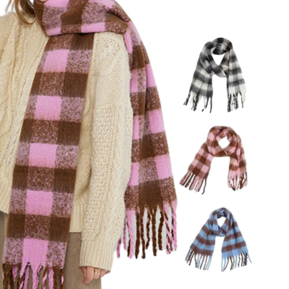 

Tassel Plaid Wool Scarf Plush Cape Wraps Simple Winter Cashmere Scarves Girl