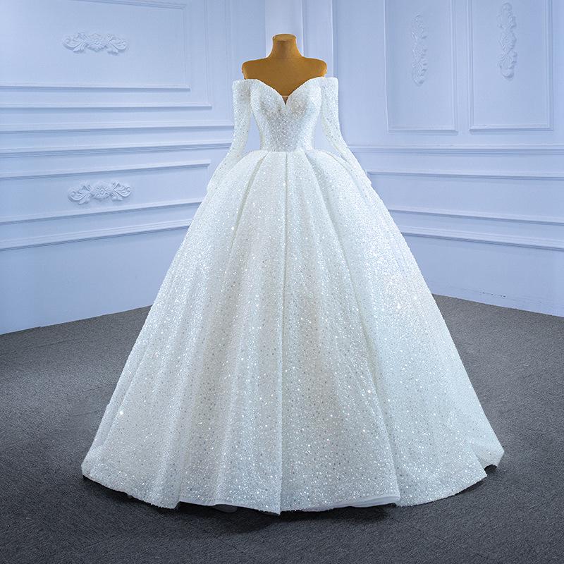 2026 French Wedding Dress: Retro One-Shoulder Long Sleeve with Heavy Beading and Long Train.