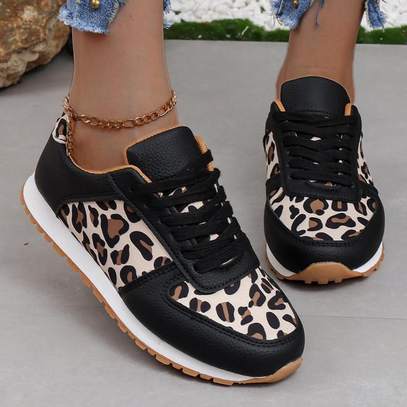 Fashion Leopard Print Women Casual Shoes Autumn Leather Ladies Sports Shoes Lace-up Slip On Fashion 2024 Casual Outdoors Walking Shoes