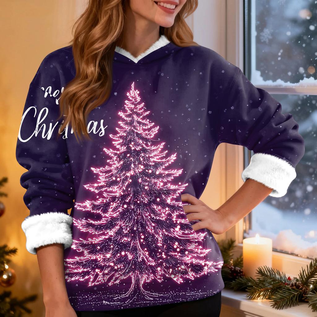 Women's Casual Fashion Plus Velvet Thickened Christmas Print Hooded Sweatshirt