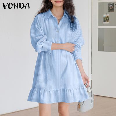 Women Summer Lapel Neck 3/4 Sleeve Striped Ruffle Hem Texture Shirt Dresses
