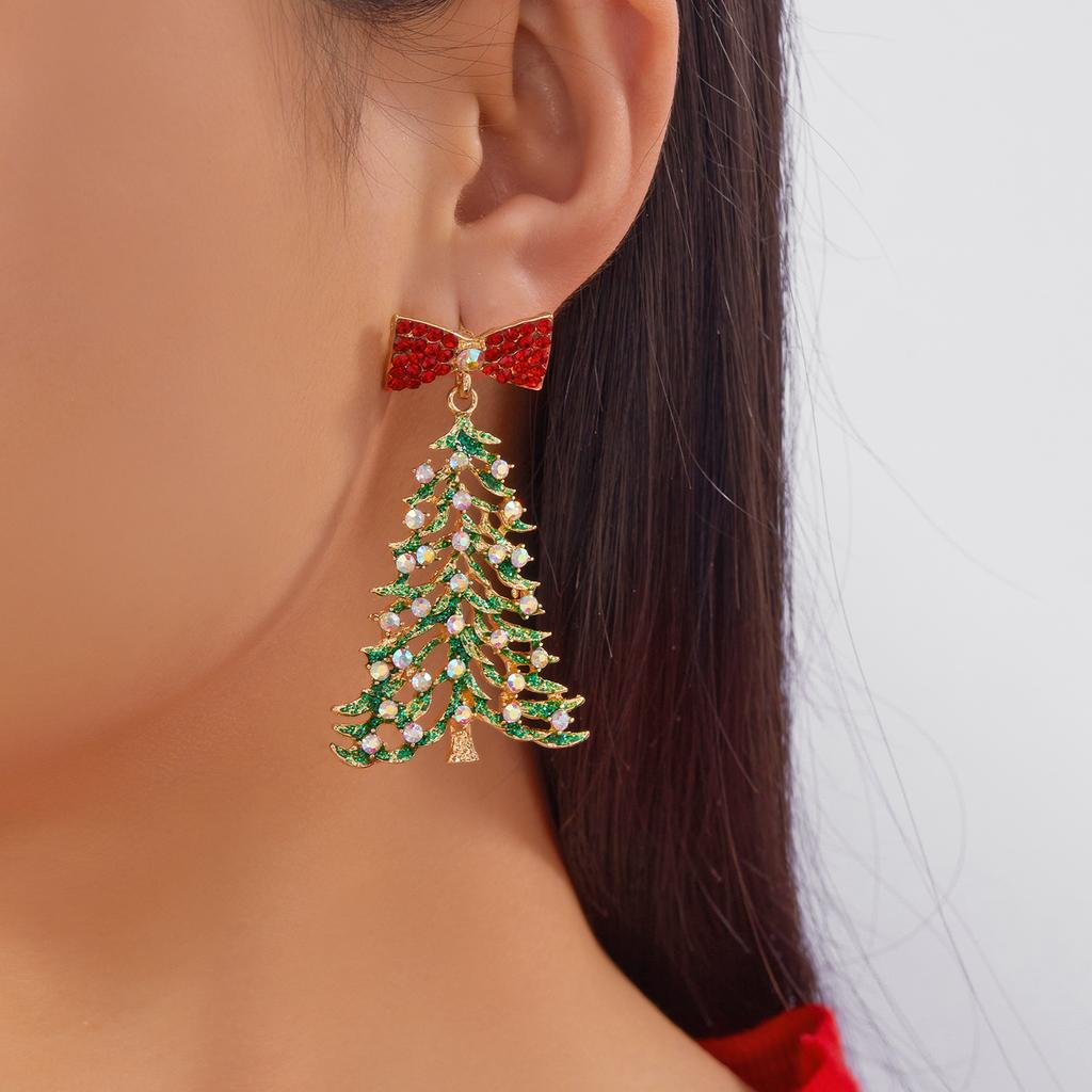 Gold Color Christmas Tree Earrings with Zircon Crystal Star Stud Dangle Xmas Jewelry for Women Party Gift