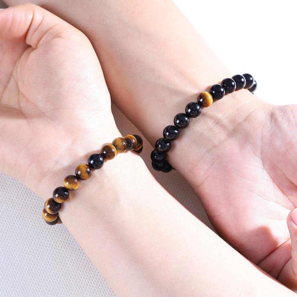 COAI Tiger Eye and Black Tourmaline Power Stone Bracelets for Increased Fortune and and Set of 2 Protection, Men's, Women's, Couples' Sizes,