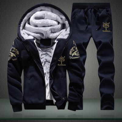 Thick Tracksuit Men Autumn Winter Warm Casual Men's Set Printing Hooded Jacket + Sweatpants 2 Pieces Sets Streetwear