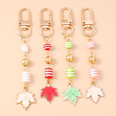 Cute Enamel Maple Leaf Keychain Beads Pearl Key Ring Pendants for Women Girls Handbag Decor DIY Key Chain Jewelry Gifts