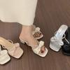 Bow Word with Rhinestone Cool Slippers Women's Summer Wear 2025 New 3cm Small High Heel Thick Heel Fashion Sandals