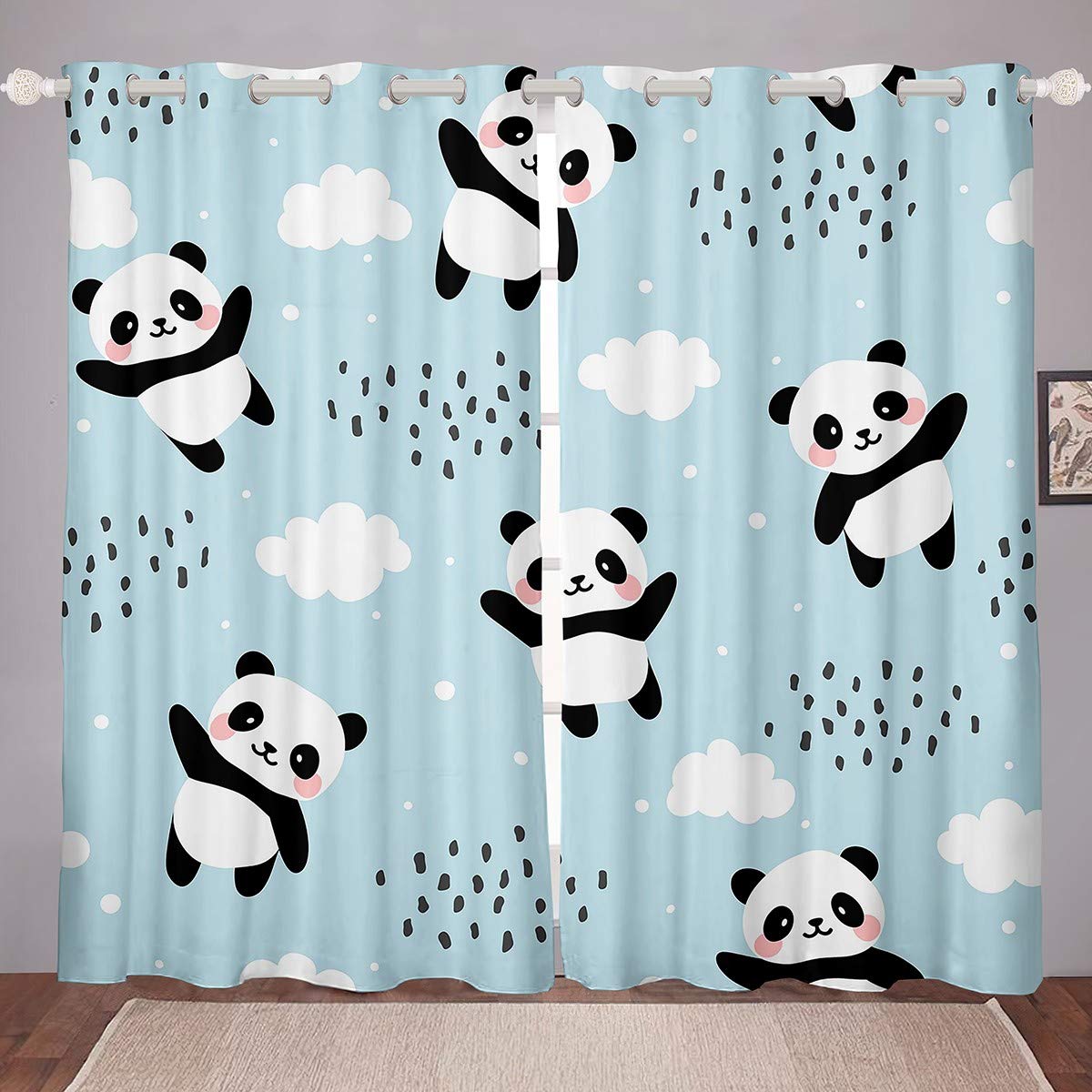 

Cute Panda Drapes for Girls Boys Children Cartoon Giant Pandas Window Opening Drape for Bedroom Space Living Room Decor Window Opening Curtains W55 X H120cm X 2&Grommet Top