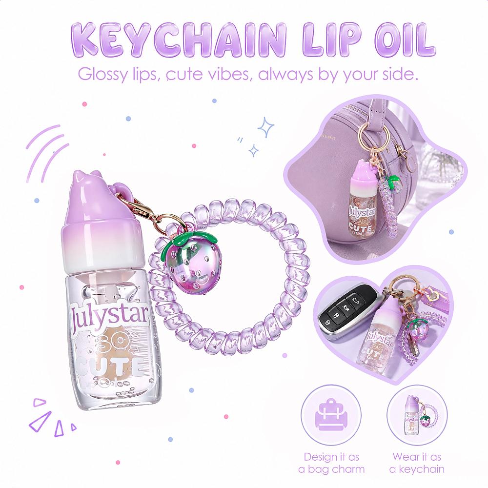 Julystar Cute Strawberry Keychain Lip Oil Moisturizing Clear Glossy Lip Plumper Fruit Flavor Lip Care Lip Gloss with Phone Cord Hair Tie Bag Pendant