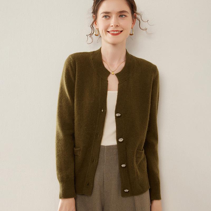 Elegant Women's Winter Cashmere Sweater Cardigan - Round Neck, Long Sleeve, Fluffy Loose Knit