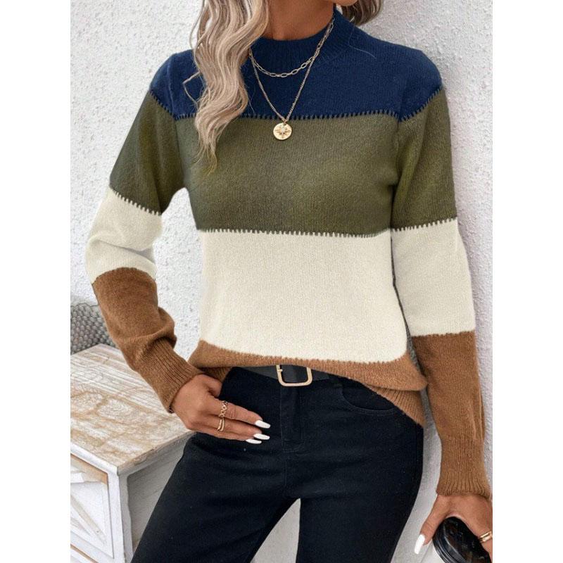Women Sweaters Striped Long Sleeve Knit Pullovers Patchwork Thick Jumpers Round Neck High Street Loose Casual Autumn