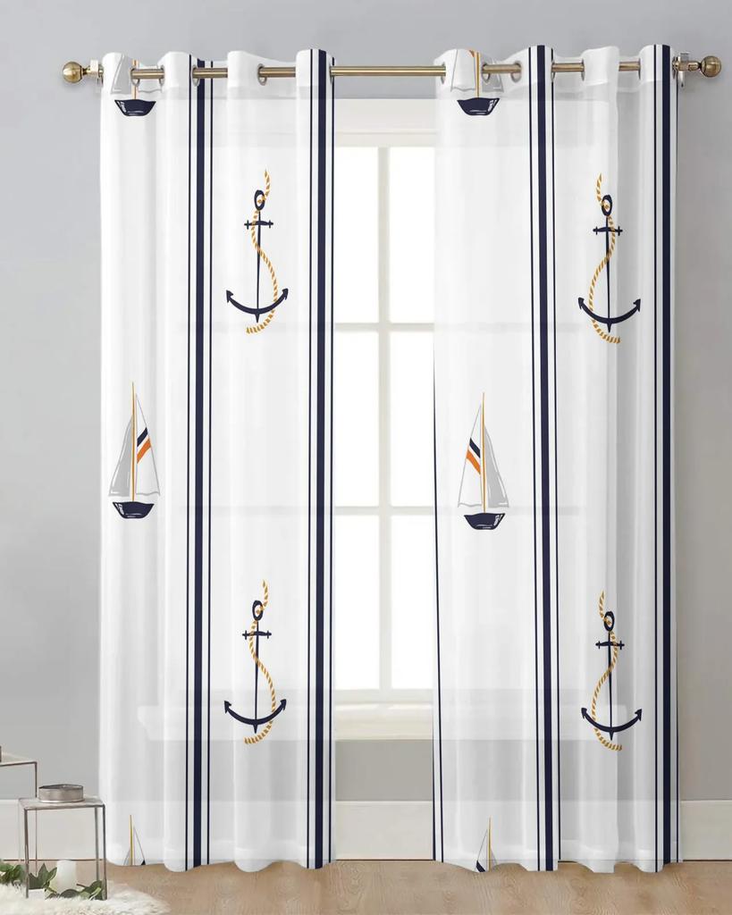 Båt Ankare Ränder Rektangel Vit Tyll Skira Fönstergardiner för Vardagsrum Sovrum Modern Voile Organza Gardiner Draperier