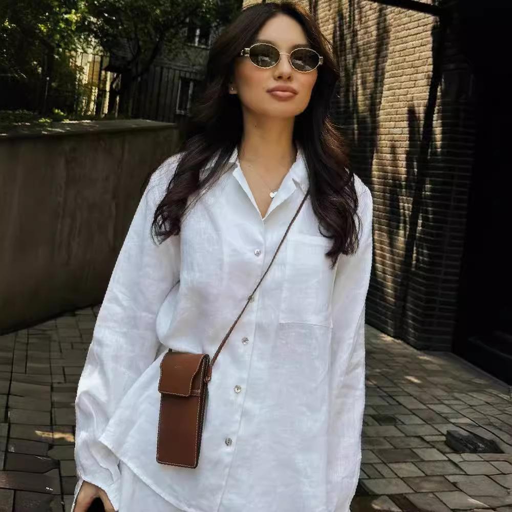 Women's Casual Loose-Fit Linen Cotton Shirt - Solid Color, Long-Sleeved, White