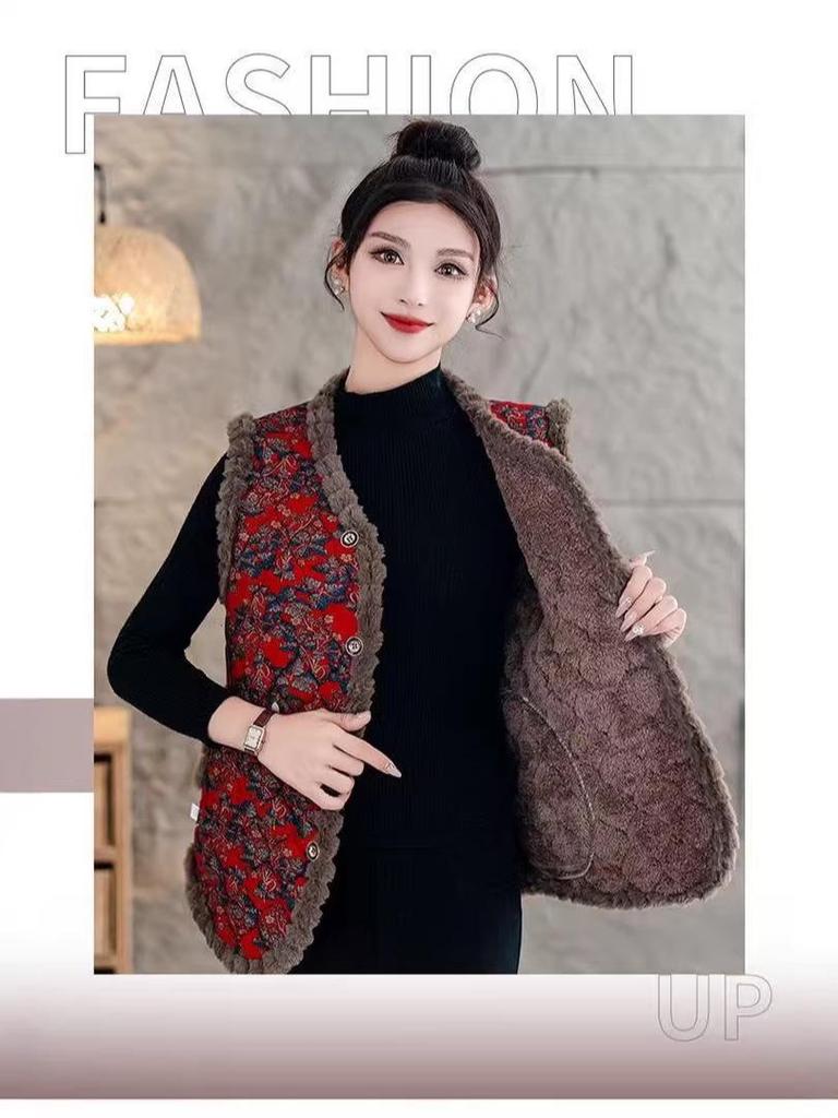 Camel Floral Fleece-Lined Tassel Vest: Versatile Spring & Autumn Wear for Middle-Aged and Elderly