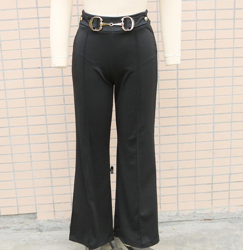 Women's High Waist Straight Leg Pants with Metal Buckle - New Solid Color Fashion Arrivals