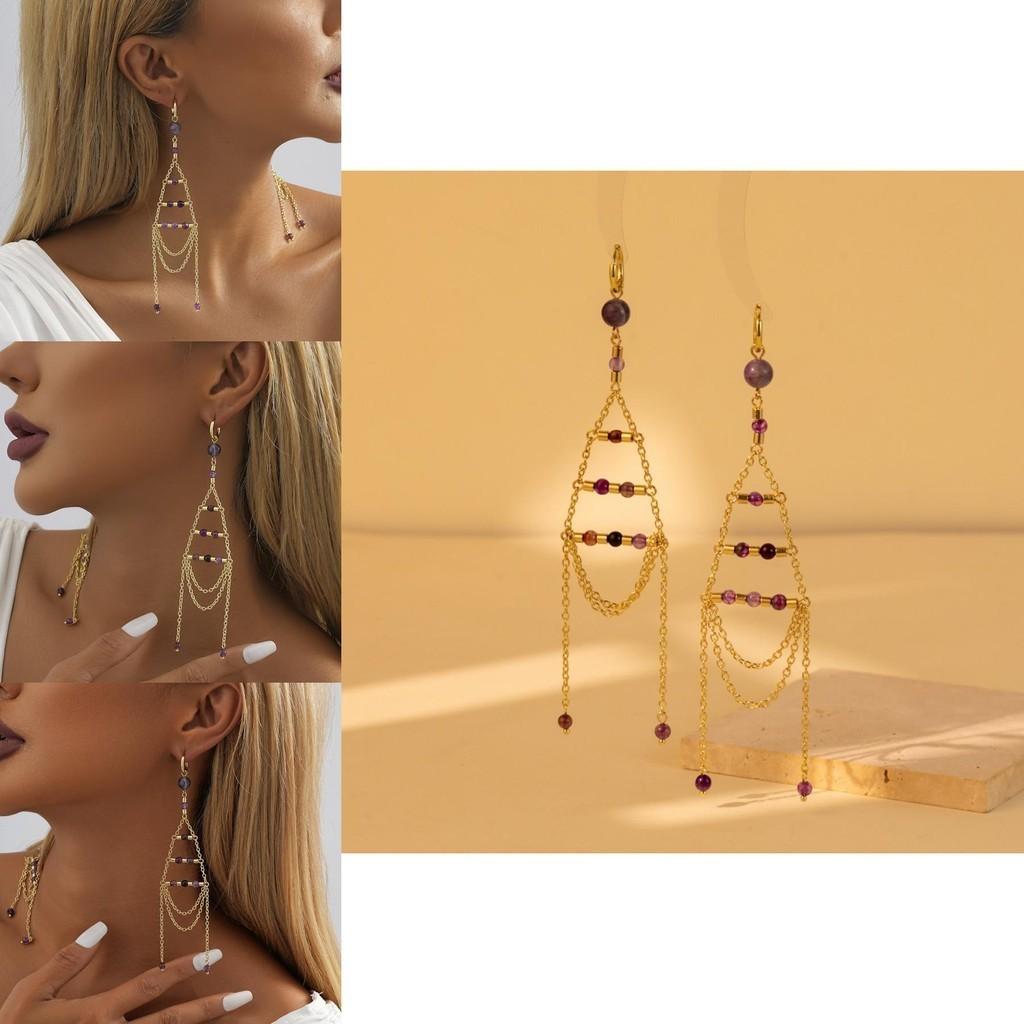 Elegant Geometric Gold Plated Purple Crystal Chain Dangle Earrings For Women