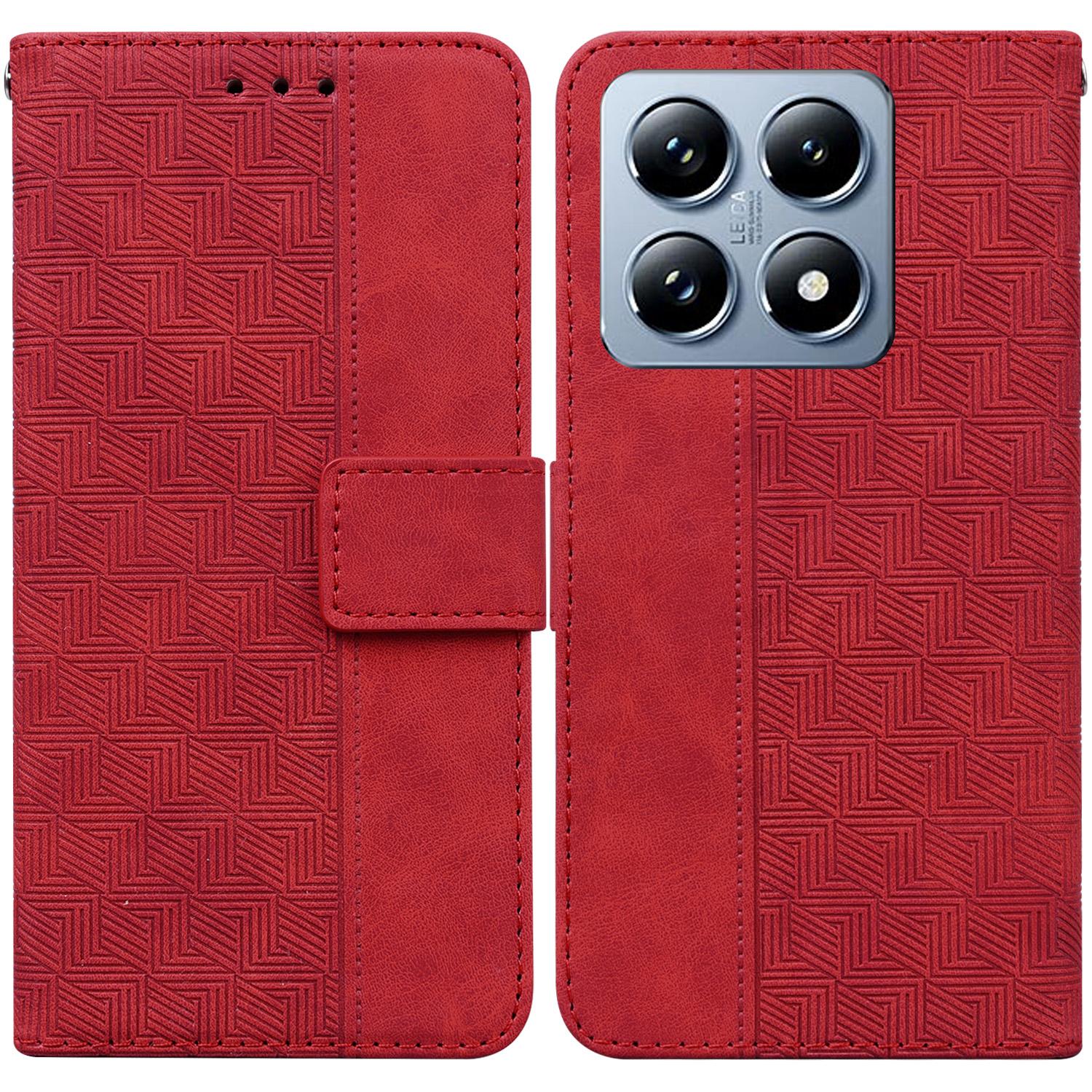 

For Xiaomi 14T Pro Case Geometry Pattern Leather Wallet Phone Cover with Wrist Strap Red