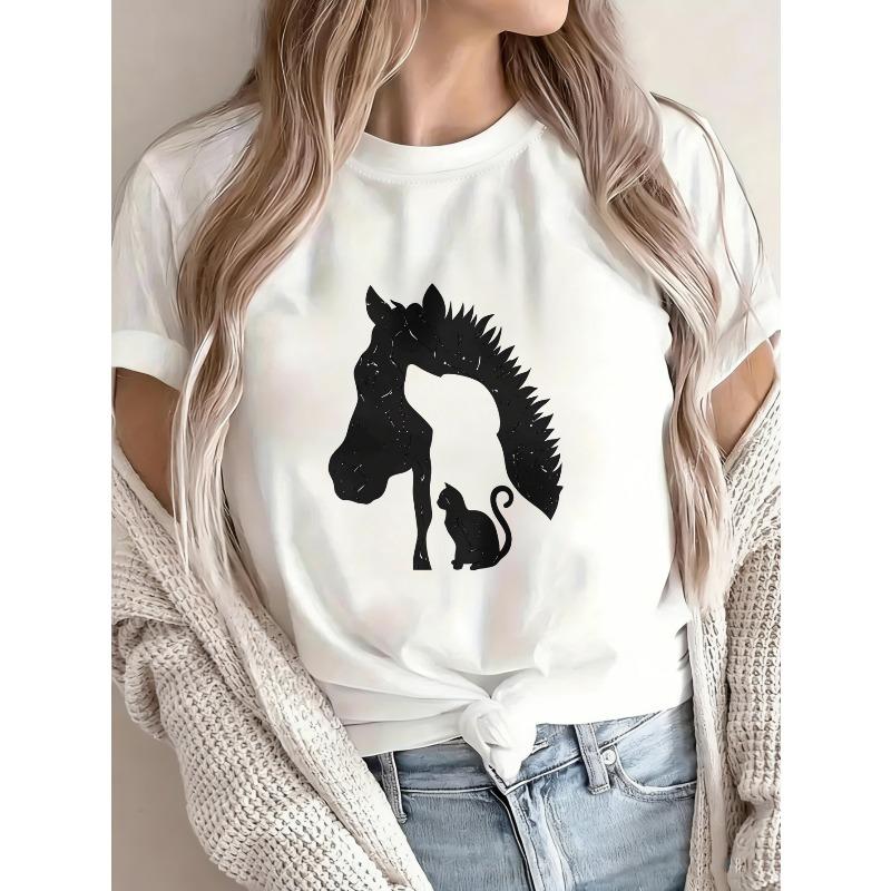 Women Casual Short Sleeve T Shirt White Horse And Cat Silhouette Print Summer Top For Everyday Wear