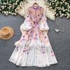 Spring/Summer Romantic Floral Print Stand-Up Collar Bell-Sleeve Slimming Party Dress for Women Elegant Single-breasted Maxi Dress with Belt