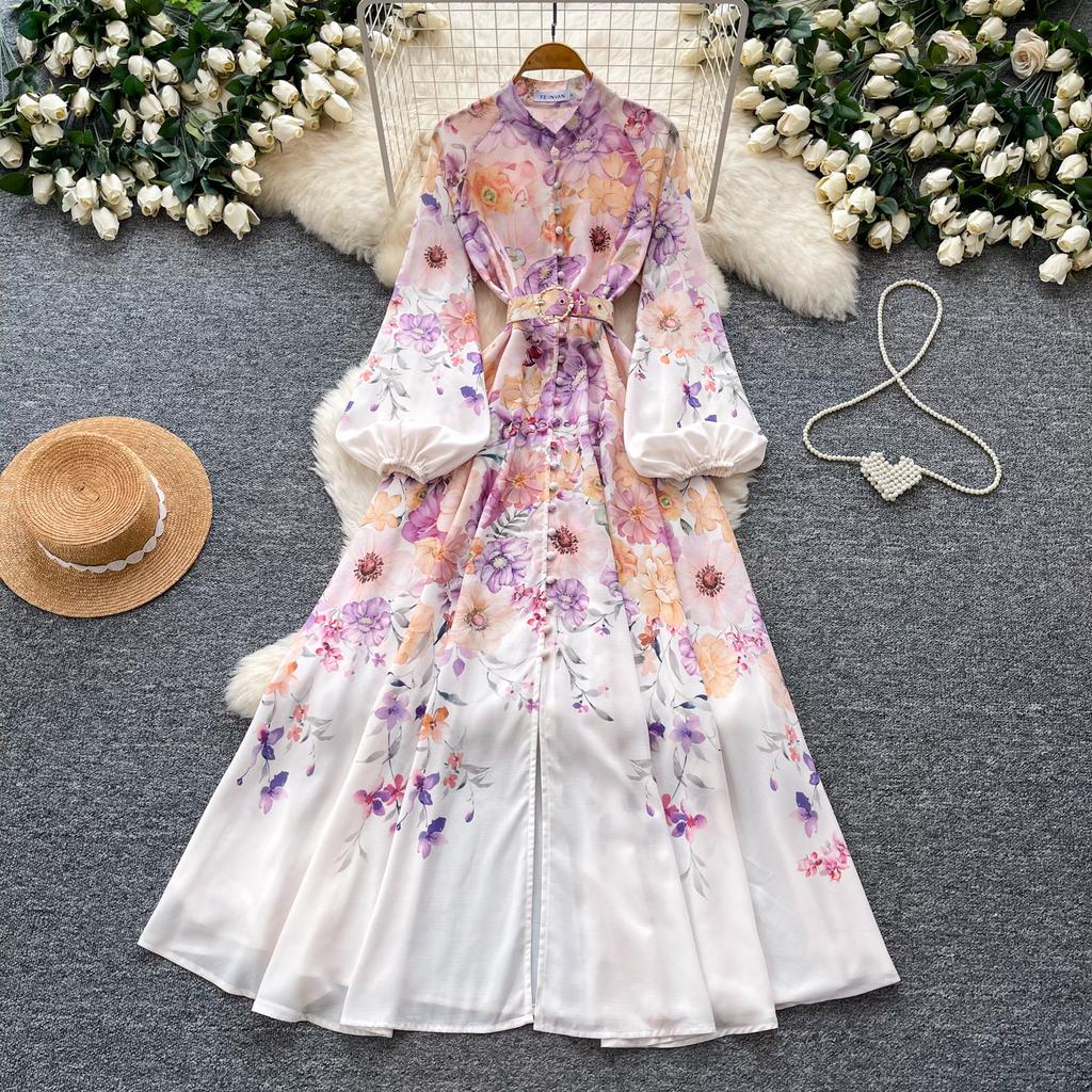 Spring/Summer Romantic Floral Print Stand-Up Collar Bell-Sleeve Slimming Party Dress for Women Elegant Single-breasted Maxi Dress with Belt
