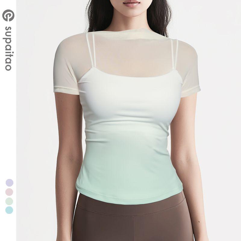 

Non-Exchangeable Non-Returnable] with Chest Pad Fake Two-Piece Yoga Clothes Short Sleeve Tops Workout Clothes Mesh Camisole Sports Female Summer Green M