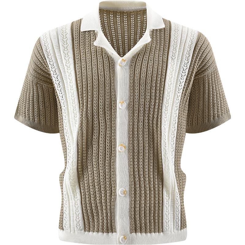 Mens Color Block Knit Short Sleeve Lapel Button Cardigan Shirt