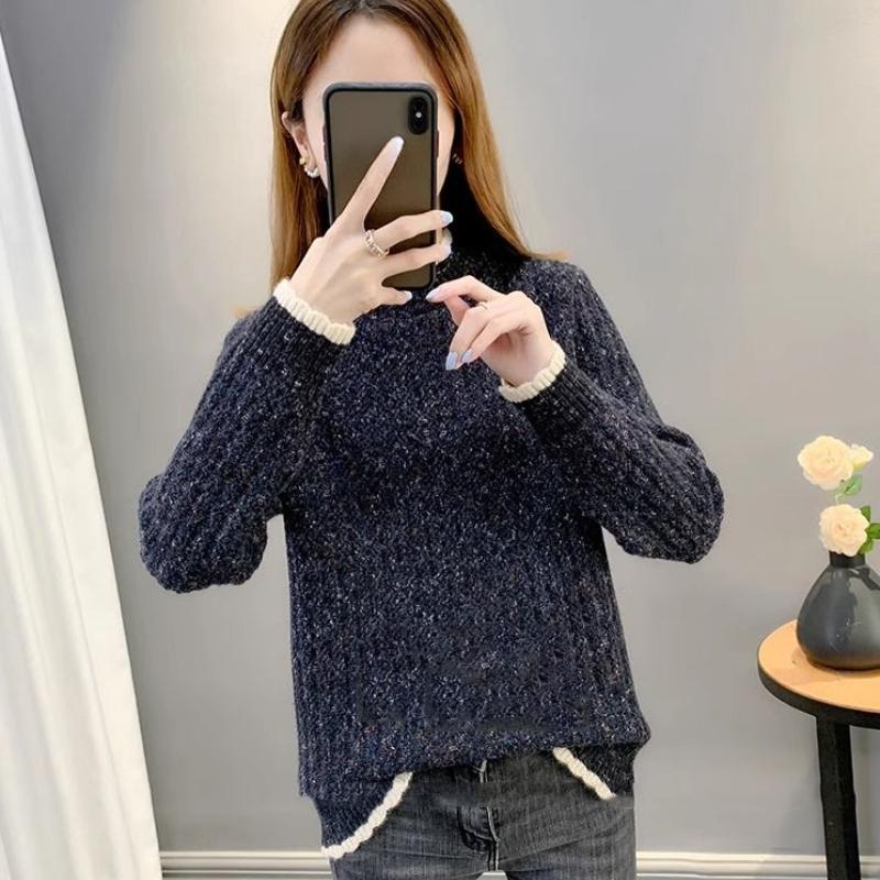 Thick Semi High Neck Base Sweater with Added Velvet Winter Loose and Versatile Sweater Fashion Knitwear