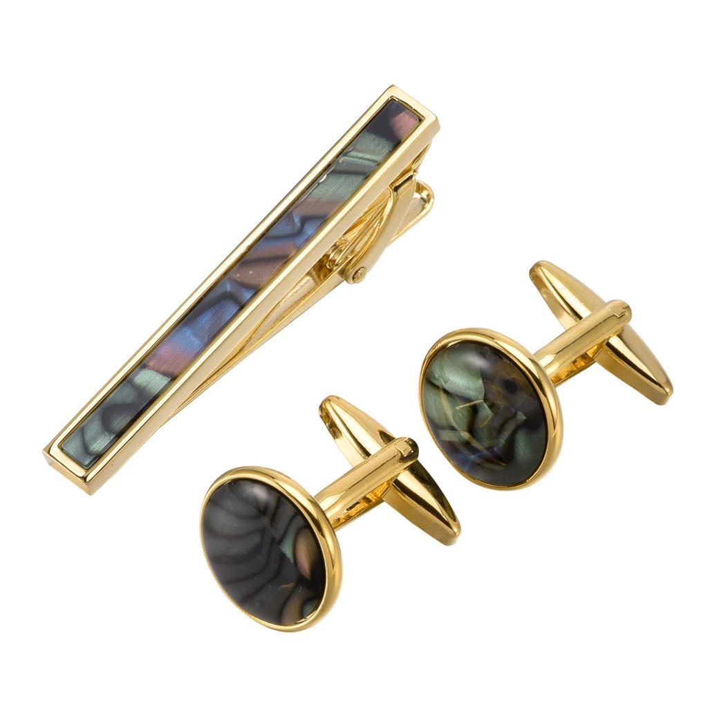 Dongguan High-End Suit Men'S K Gold Color Abalone Fritillary French Cufflinks Tie Clip Set Sleeve Studs Breast Pin Buckle