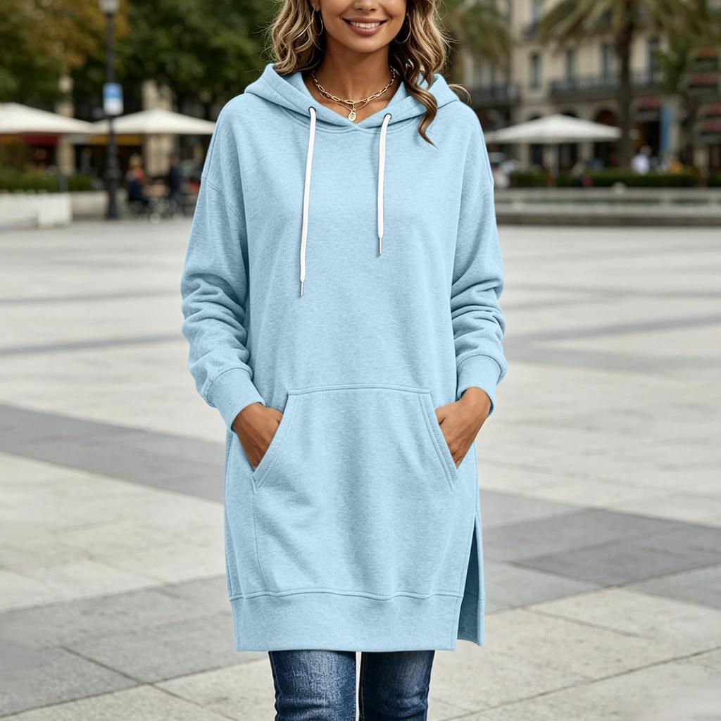 Abito Felpa Lungo da Donna Casual Pullover con Cappuccio e Tasca a Marsupio Spacco Laterale Vestibilità Comoda Ampia