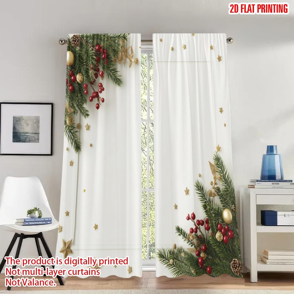 

Set Of 2 Flat Printing Christmas Curtains Stars Ornaments Festive Digital Printed Polyester Drapes Spring Living Curtain Made W100*H70(CM)-Rod Pocket&1PCS