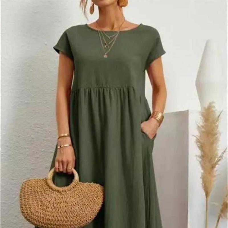 Women's Elegant Solid Color Dress Summer Short Sleeve O-Neck Vintage Harajuku Cotton Linen Comfortable Loose Pocket Long Dress