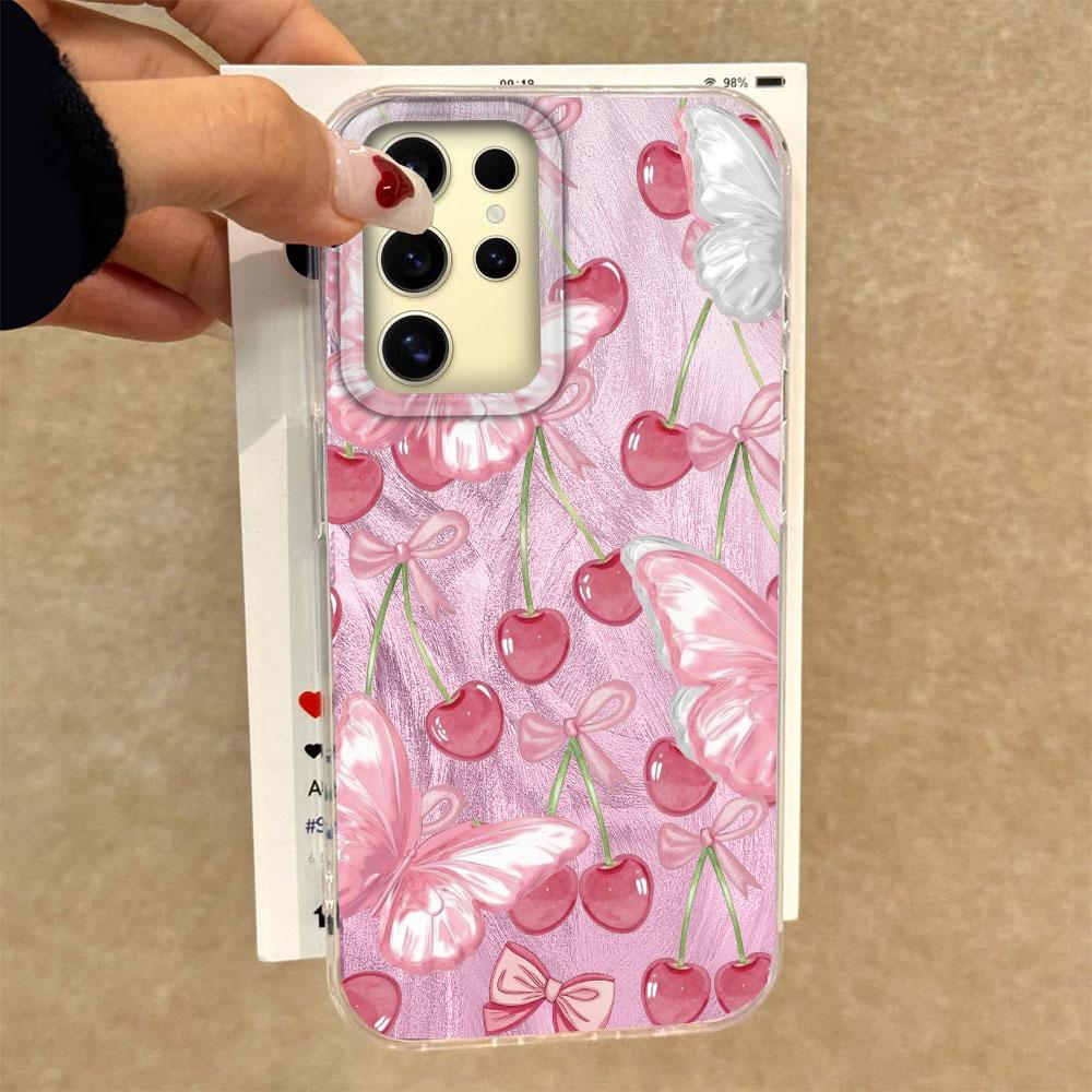 Pinke Frucht Kirsche Schmetterling Feder Textur Handyhülle für Samsung Galaxy S25 S24 S23 S22 S21 FE Plus Ultra Hülle Silikonabdeckung