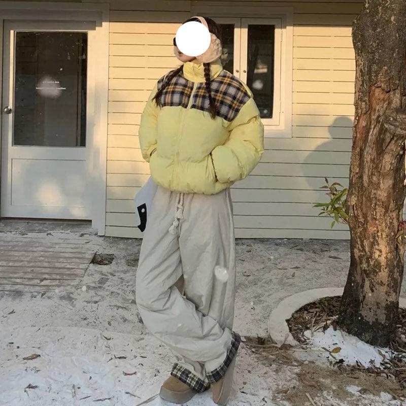 Retro American Winter Plaid-Patchwork Wide-Leg Relaxed Ski Pants - Insulated Casual Cargo Snow Trousers for Cold Weather