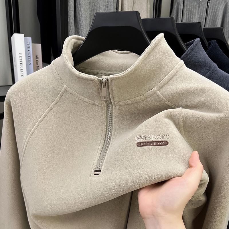 - "Warm Wool Sherpa Fleece Half-Zip Sweatshirt with Stand Collar - Double-Sided Velvet for Autumn/Winter"