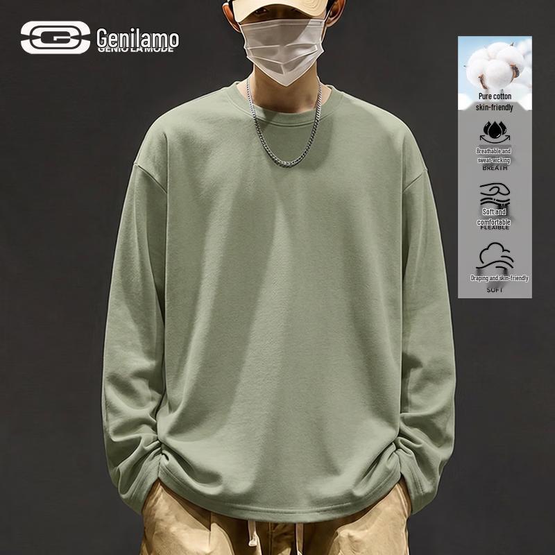 GENIOLAMODE Men's 220G Heavyweight Cotton Crewneck Long-Sleeve T-Shirt